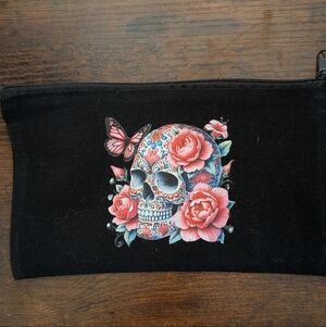 Black Pouch with Floral Skull Design Different Design On Both Sides